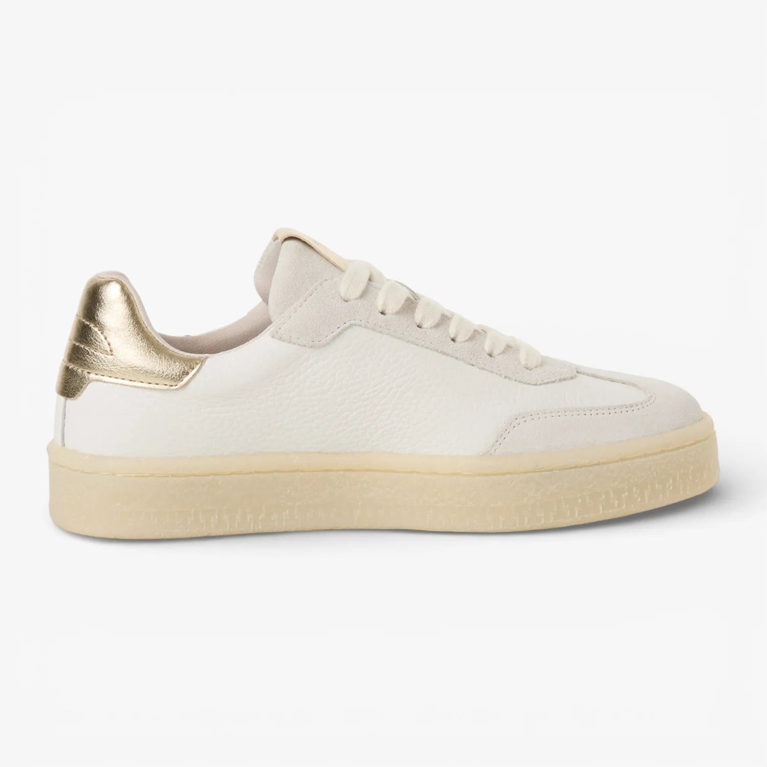 White sneaker with gold heel on a white background