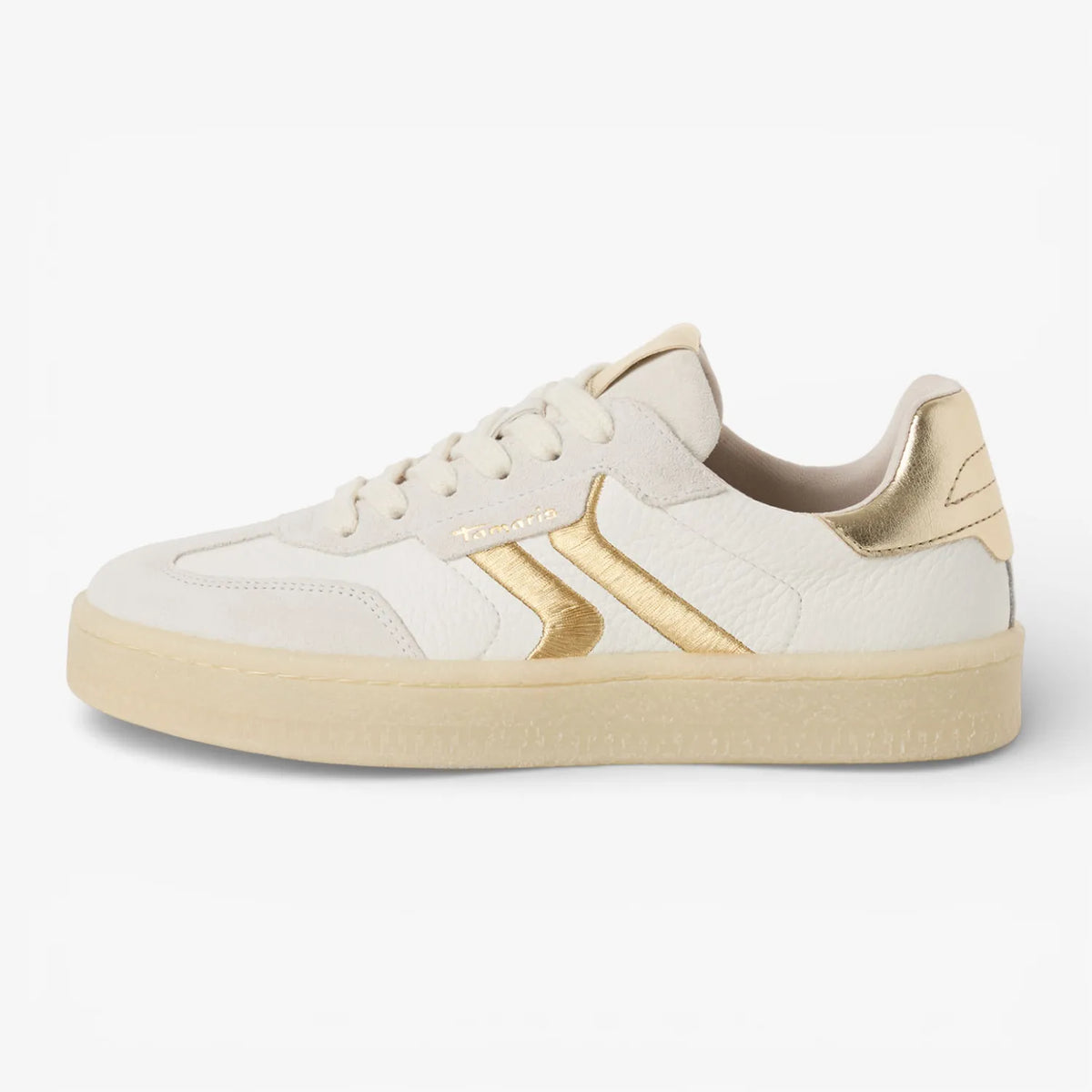 Tamaris women’s white and light gold lace-up trainer side view