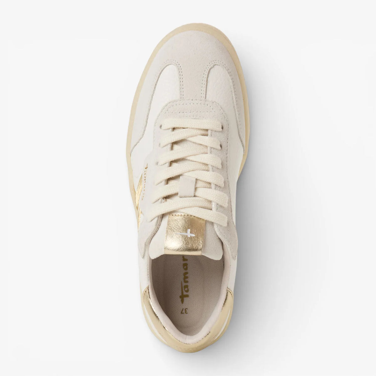 Top view of Tamaris lace-up trainer white/light gold