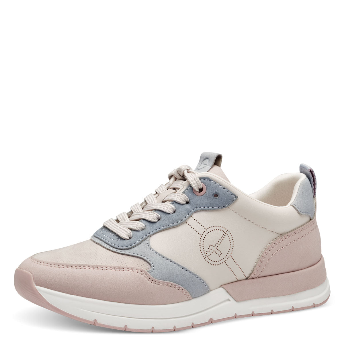  Side view of Tamaris runner, showing the elevated heel and pastel colour mix.