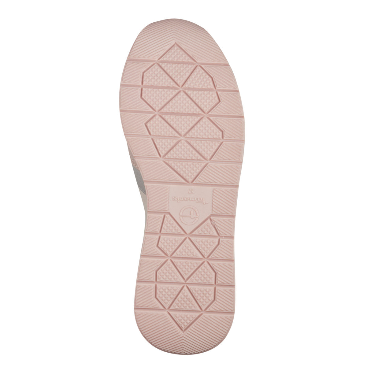  Bottom view of the Tamaris sneaker's sole with white and light pink design.