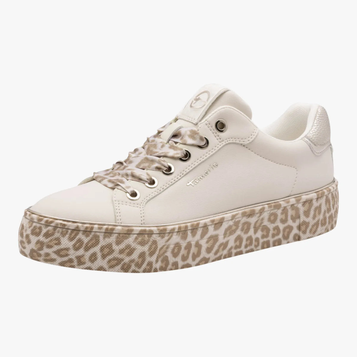 Tamaris Beige Trainer with Leopard Sole