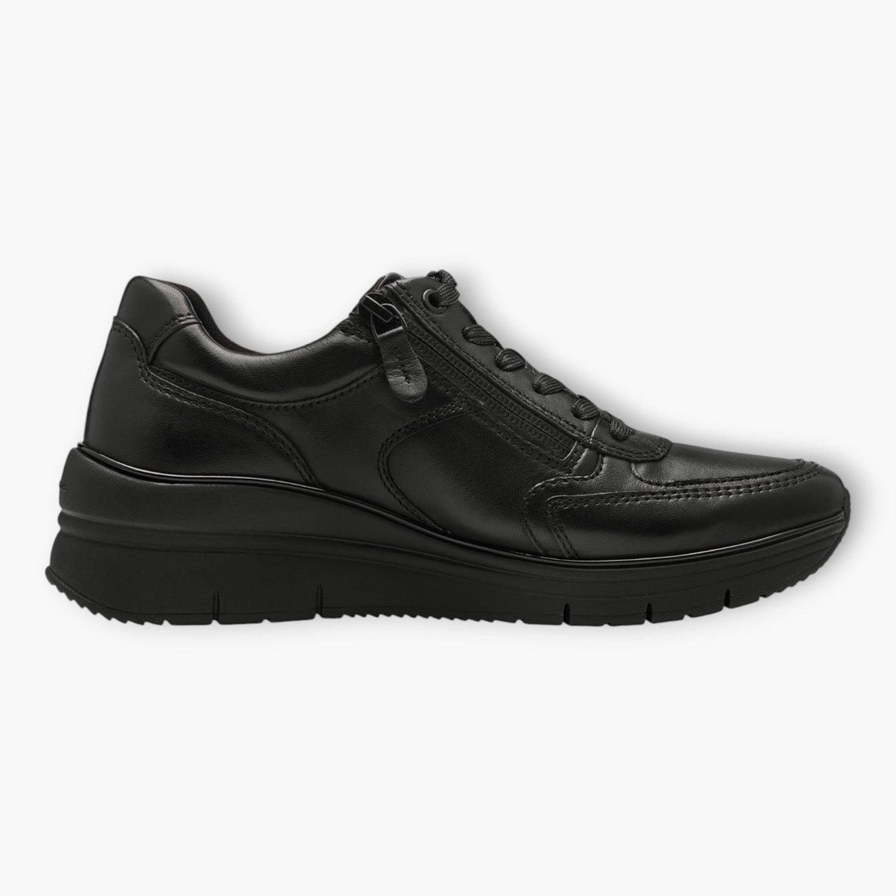 Tamaris Black Leather Trainer-Style Shoes with Wedge Sole and Side Zip - Leavys Shoes