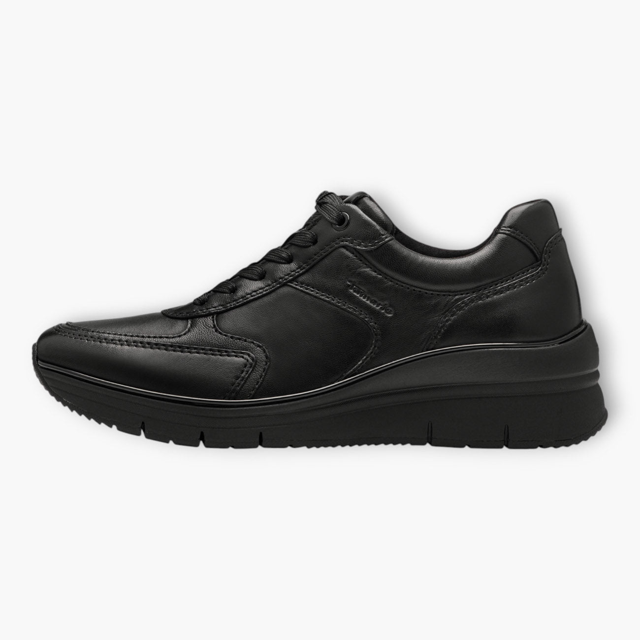 Tamaris Black Leather Trainer-Style Shoes with Wedge Sole and Side Zip