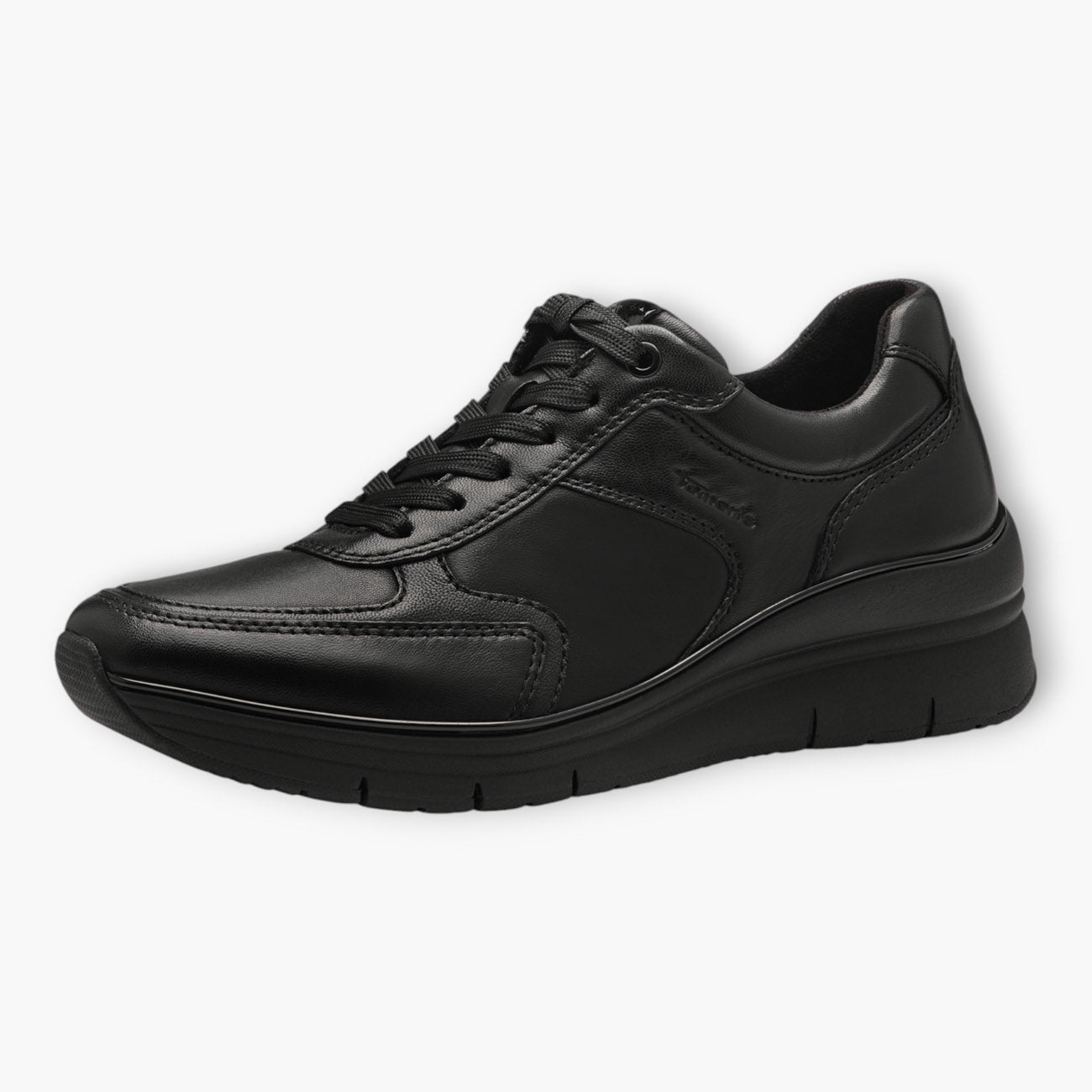 Tamaris Black Leather Trainer-Style Shoes with Wedge Sole and Side Zip