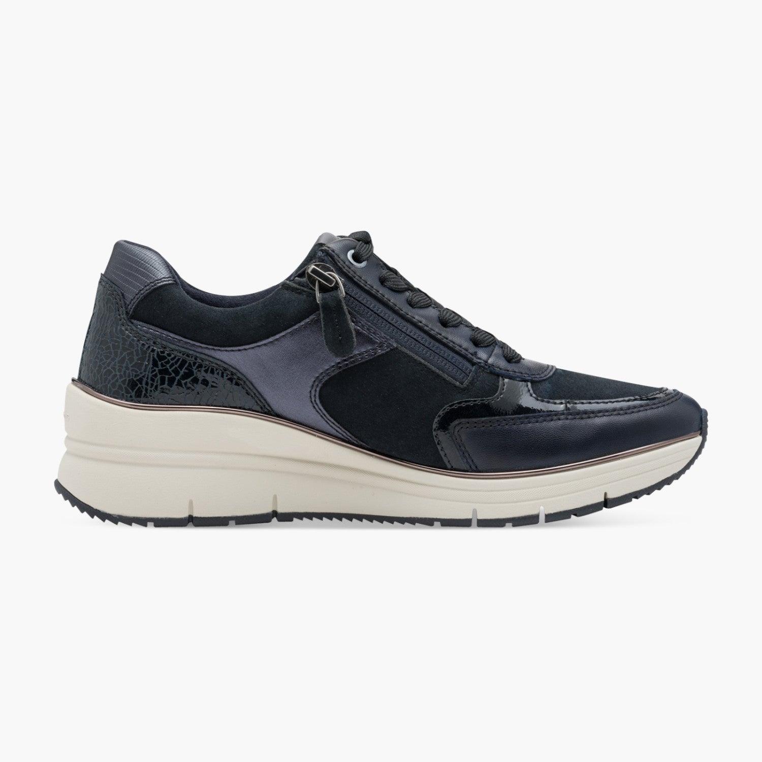 Tamaris Navy Leather Mix Sneaker with Comfort Zip & Sole - Leavys Shoes