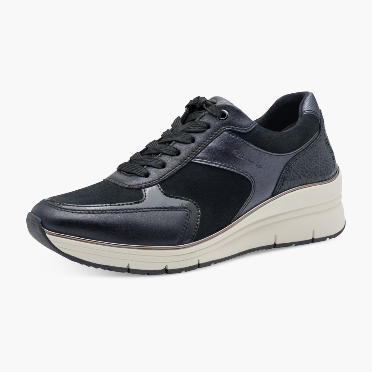 Tamaris Navy Leather Mix Sneaker with Comfort Zip & Sole - Leavys Shoes