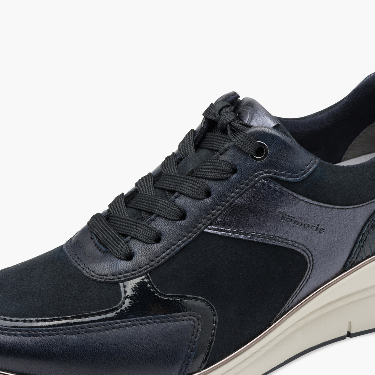 Tamaris Navy Leather Mix Sneaker with Comfort Zip & Sole - Leavys Shoes