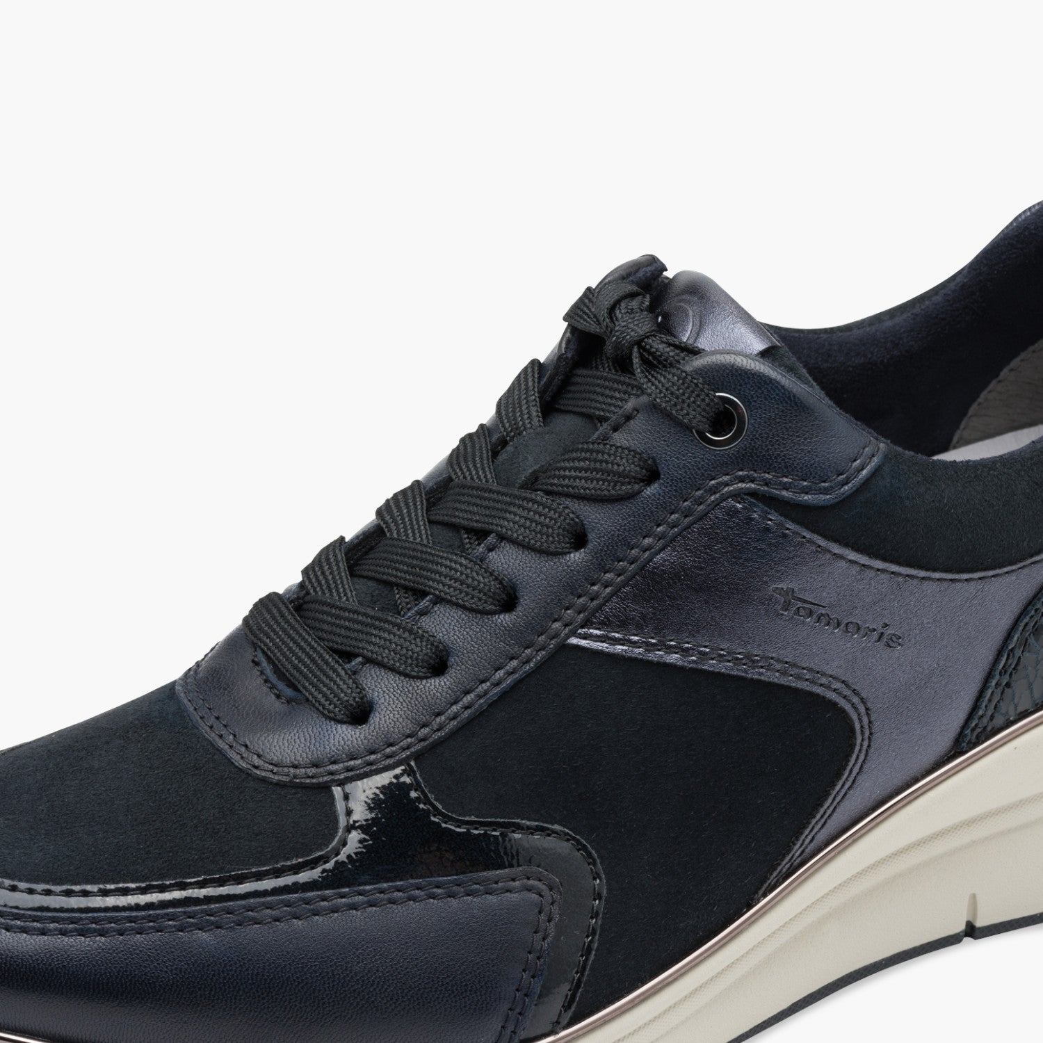 Tamaris Navy Leather Mix Sneaker with Comfort Zip & Sole - Leavys Shoes