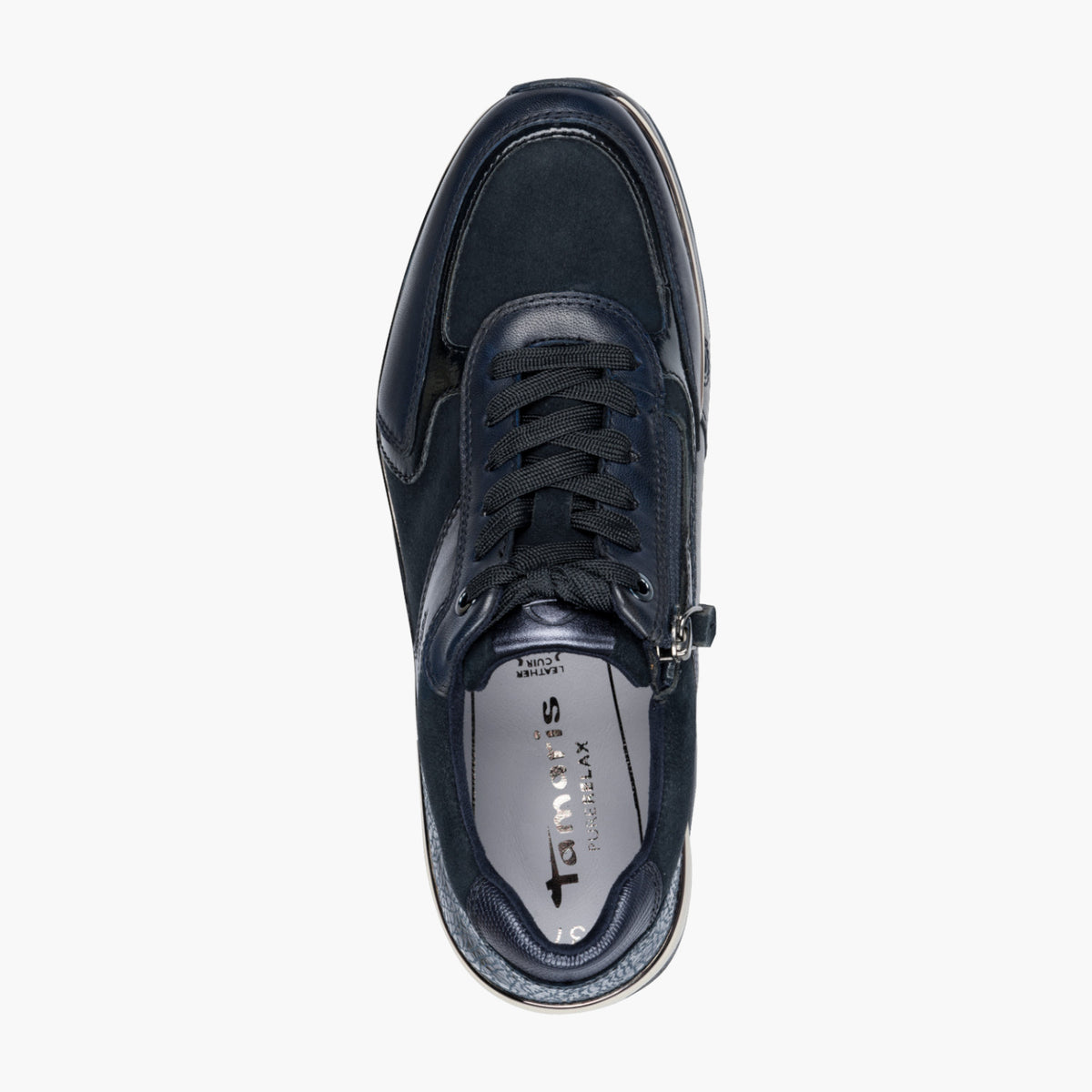 Tamaris Navy Leather Mix Sneaker with Comfort Zip & Sole - Leavys Shoes