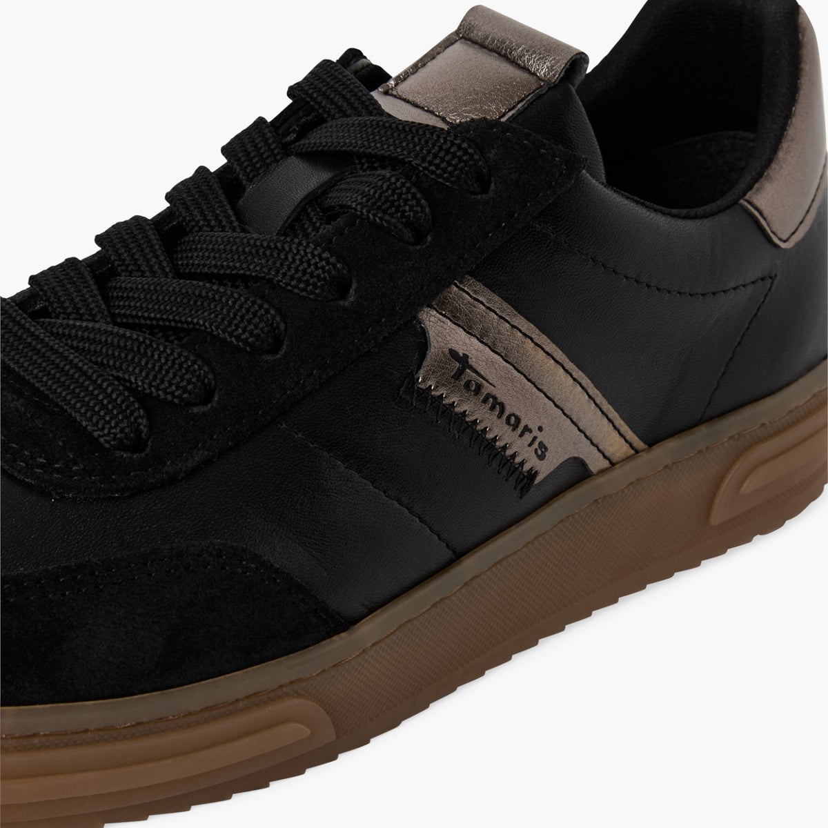 Tamaris Black Leather Lace-Up Sneaker with Bronze Accents - Leavys Shoes