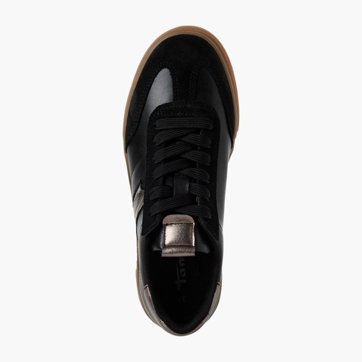 Tamaris Black Leather Lace-Up Sneaker with Bronze Accents - Leavys Shoes