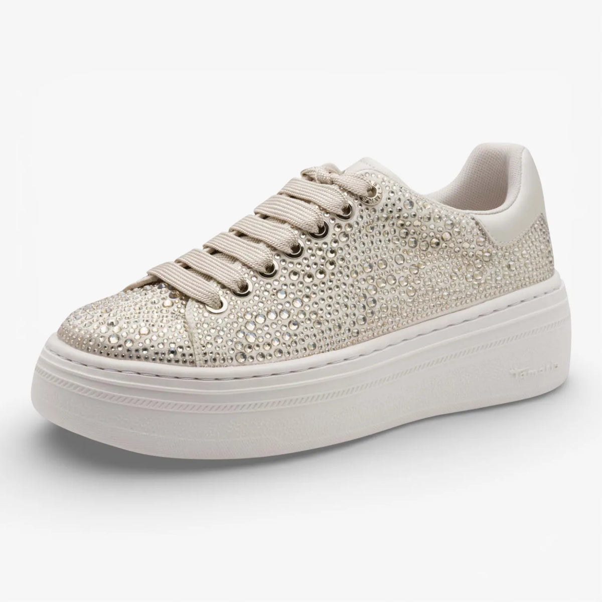 Beige sneaker with rhinestone embellishments on a white background
