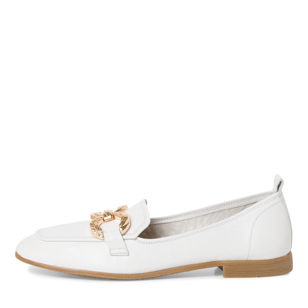     Showcasing the elegant design of Tamaris White Loafers.
