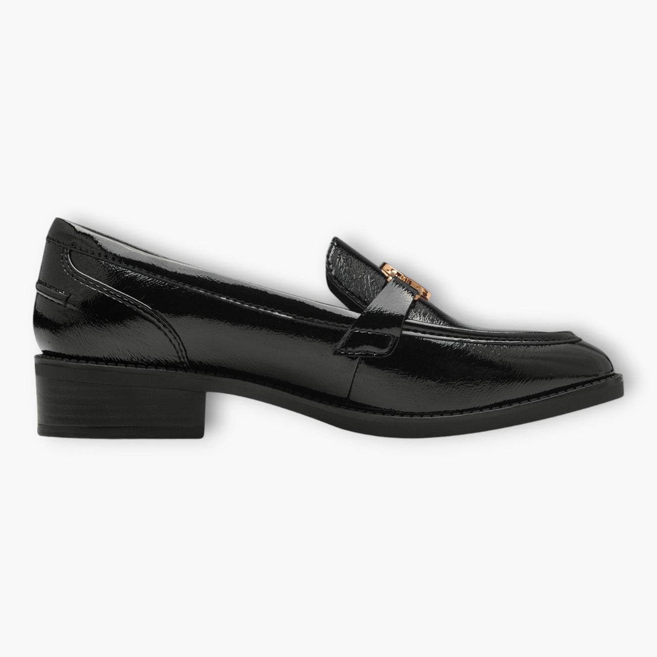 Tamaris Black Patent Loafers with Gold Chain Detail and Block Heel - Leavys Shoes