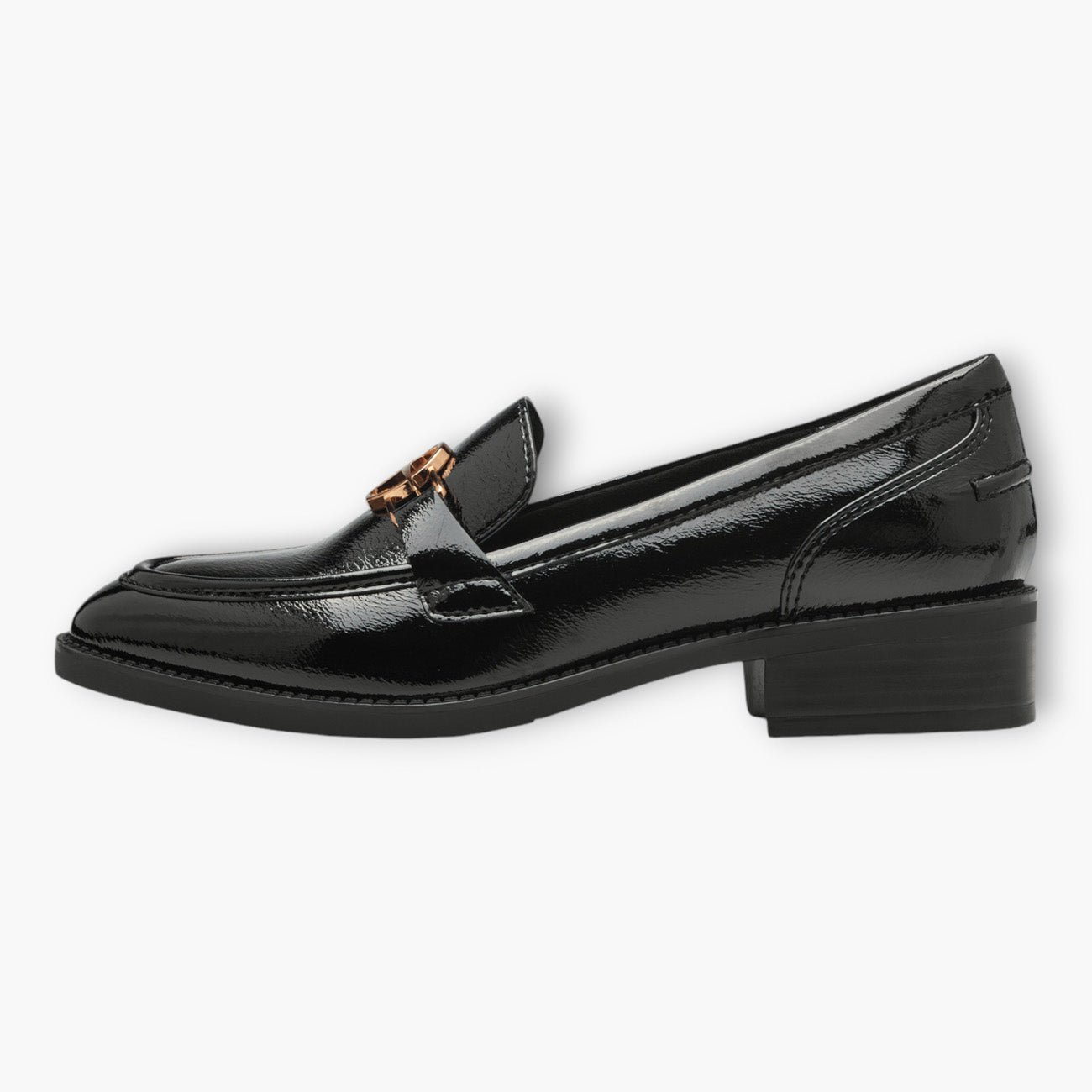 Tamaris Black Patent Loafers with Gold Chain Detail and Block Heel - Leavys Shoes