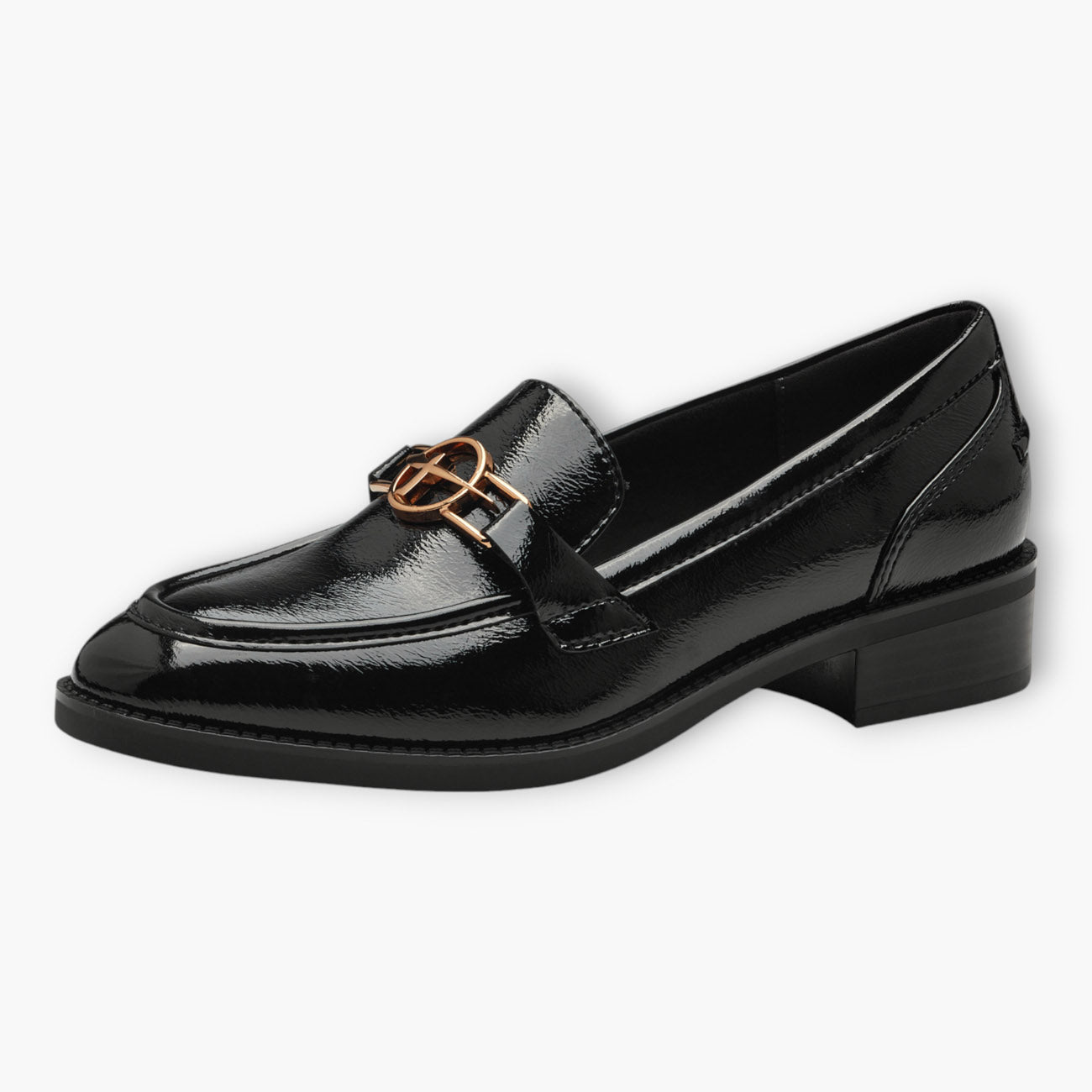 Tamaris Black Patent Loafers with Gold Chain Detail and Block Heel - Leavys Shoes