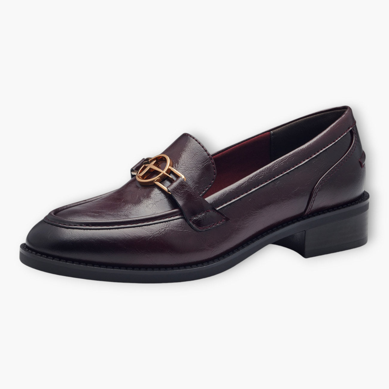 Tamaris Merlot Loafers with Block Heel and Gold Chain Detail - Leavys Shoes