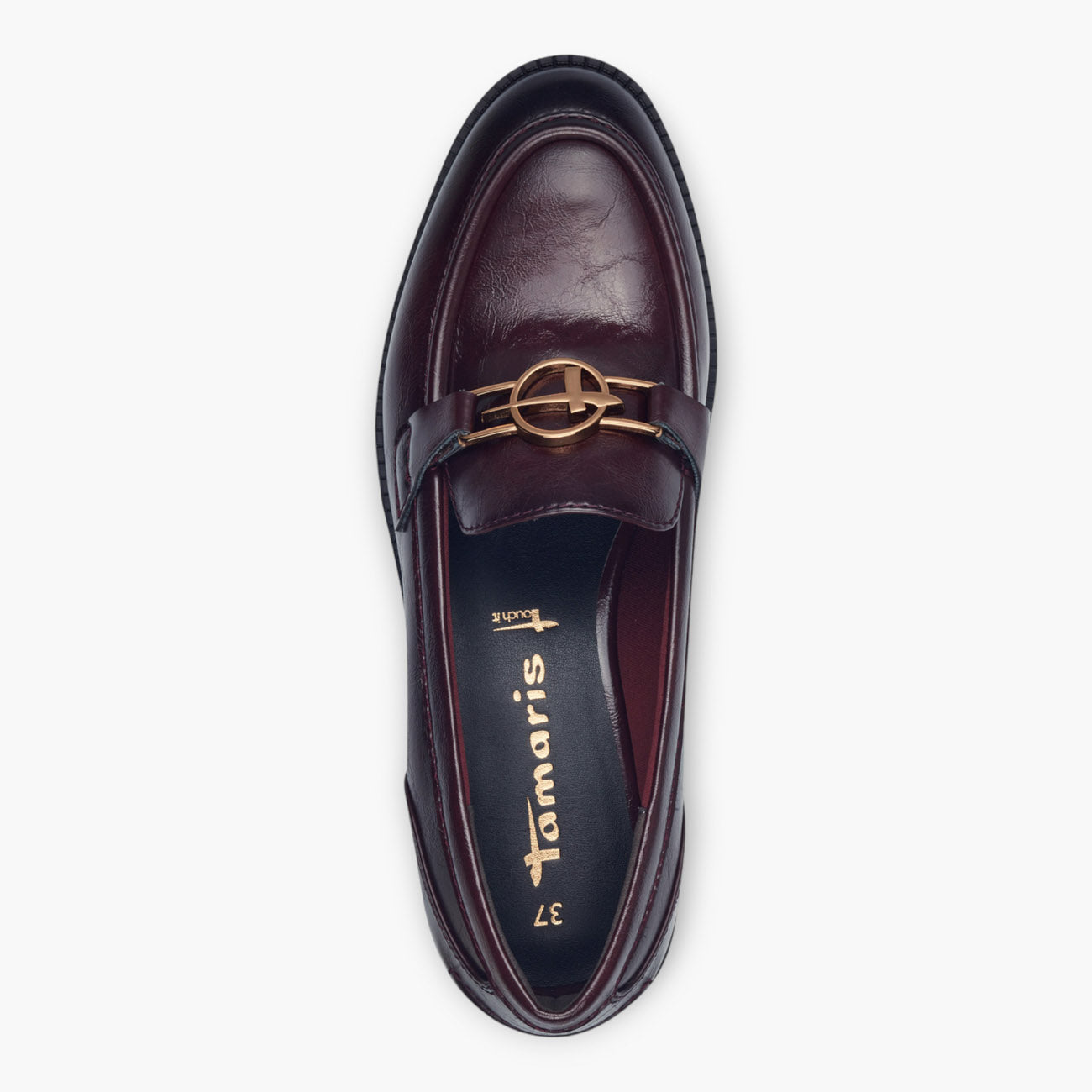 Tamaris Merlot Loafers with Block Heel and Gold Chain Detail - Leavys Shoes