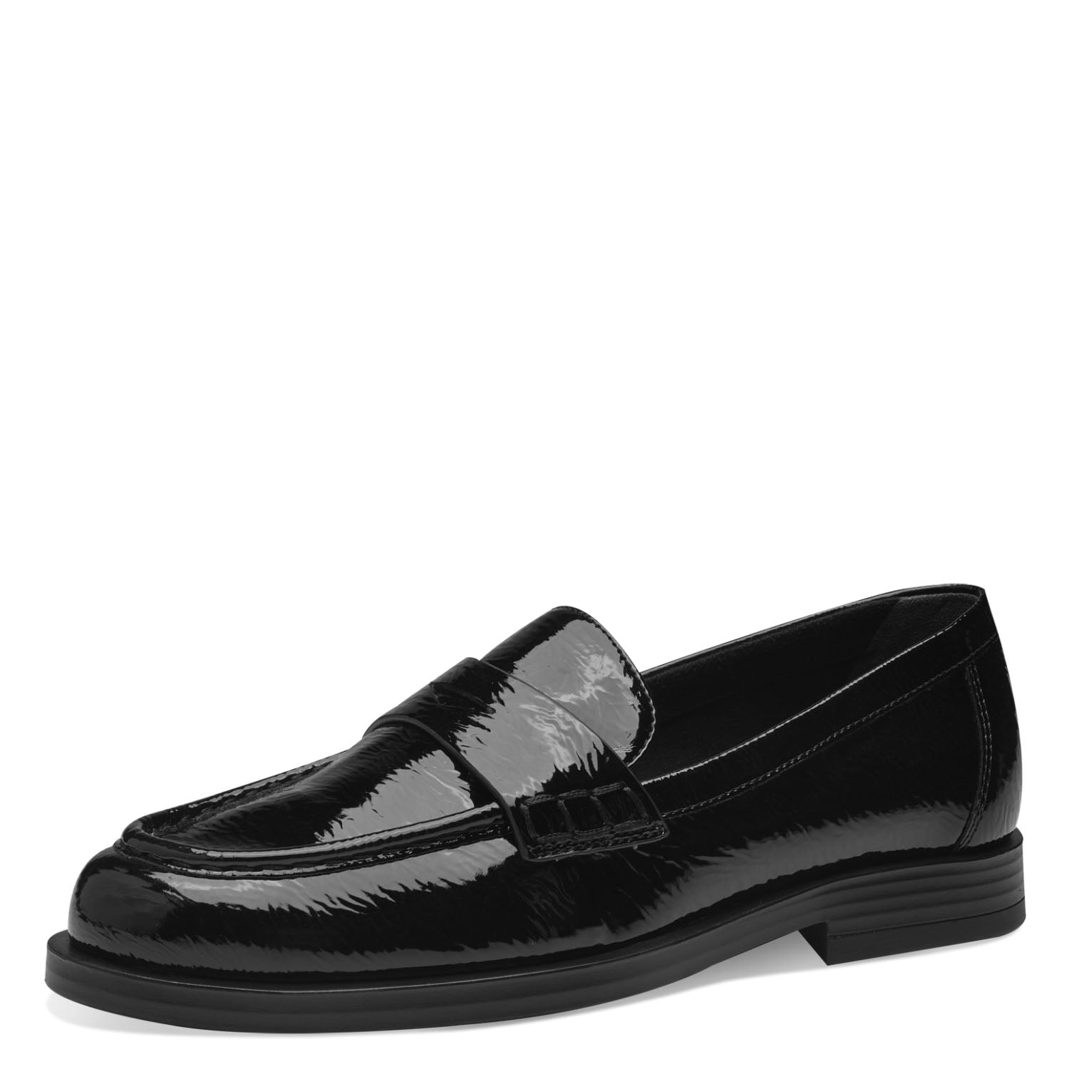 Angled view of the plain black patent loafer