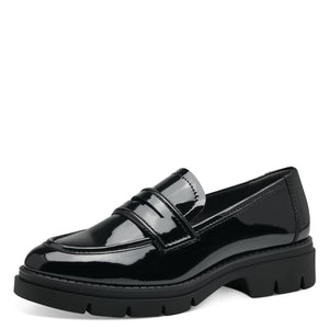Angled view of the black patent loafer
