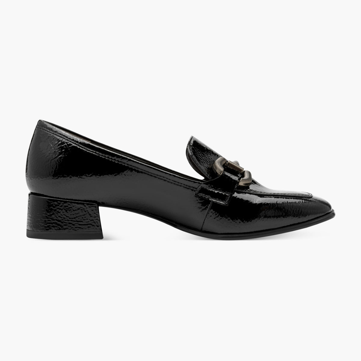 Tamaris Black Patent Loafer with Gunmetal Detail - Leavys Shoes