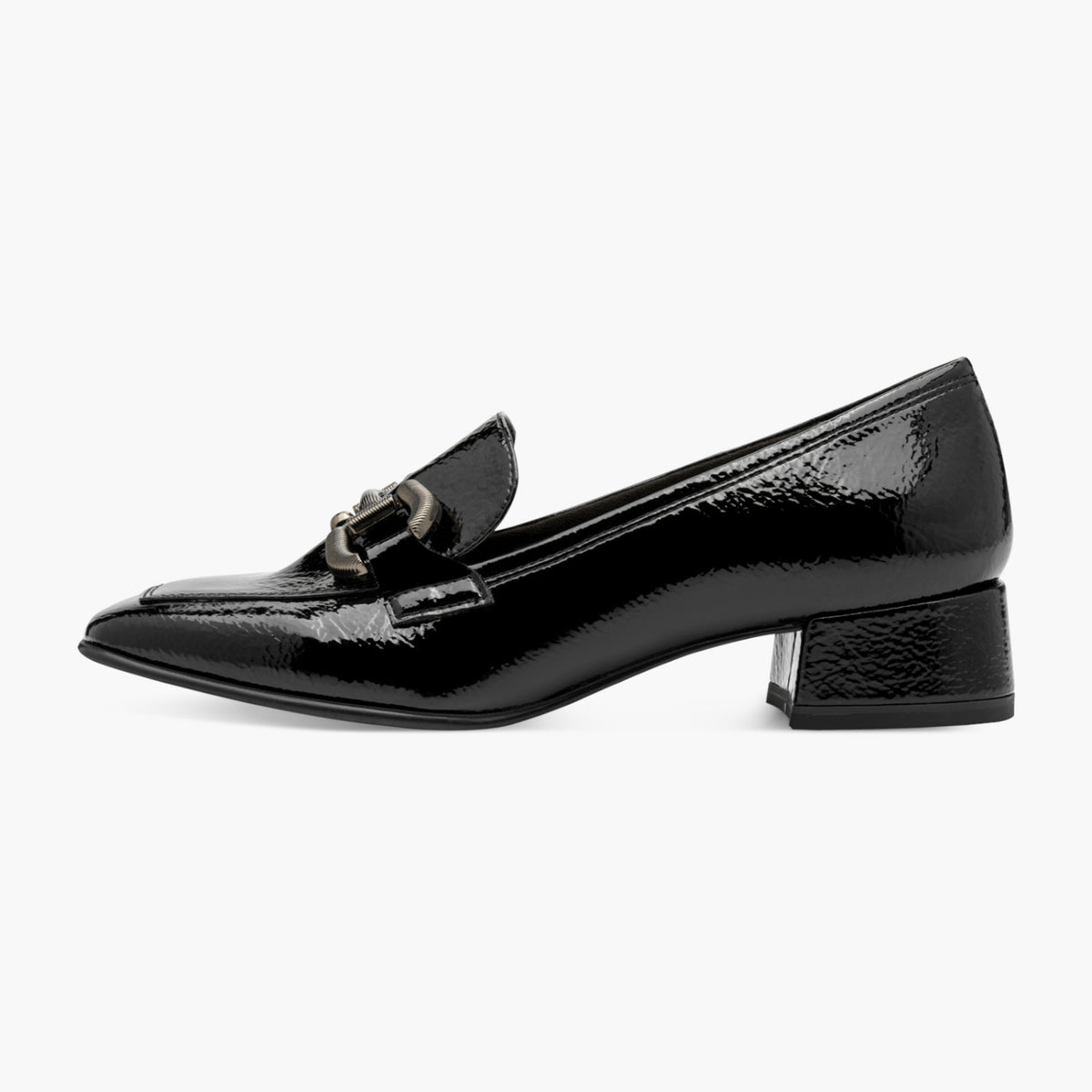 Tamaris Black Patent Loafer with Gunmetal Detail - Leavys Shoes