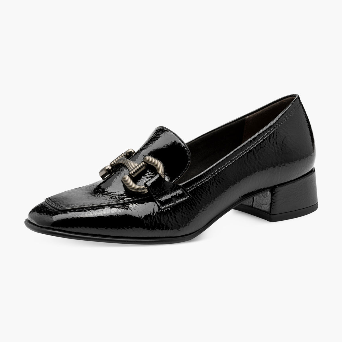 Tamaris Black Patent Loafer with Gunmetal Detail - Leavys Shoes