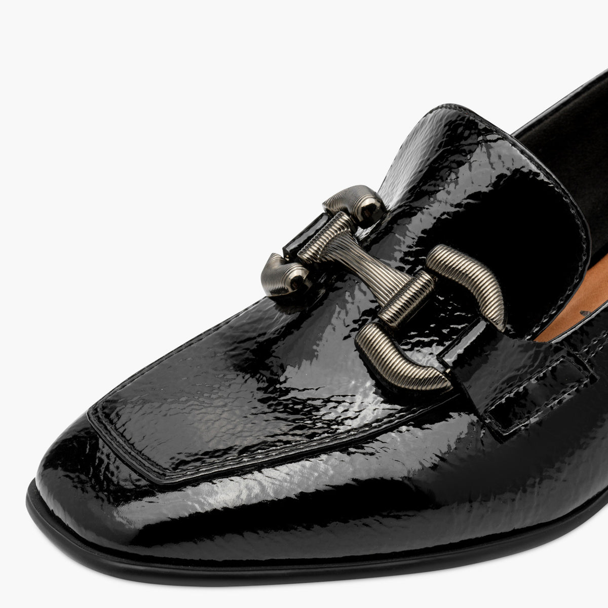 Tamaris Black Patent Loafer with Gunmetal Detail - Leavys Shoes