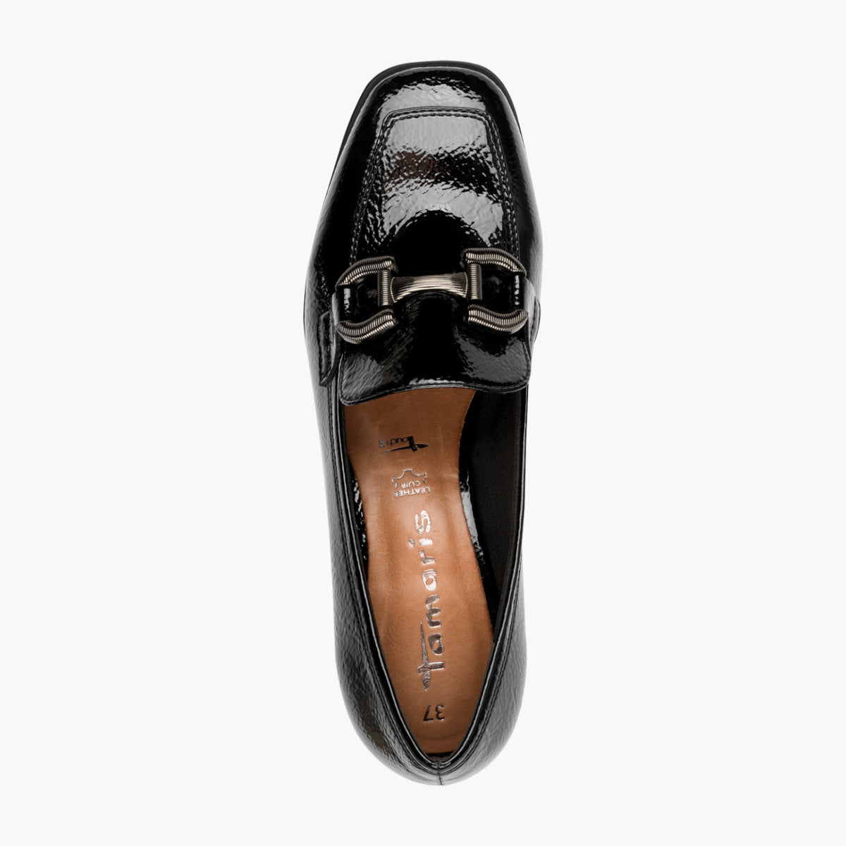 Tamaris Black Patent Loafer with Gunmetal Detail - Leavys Shoes