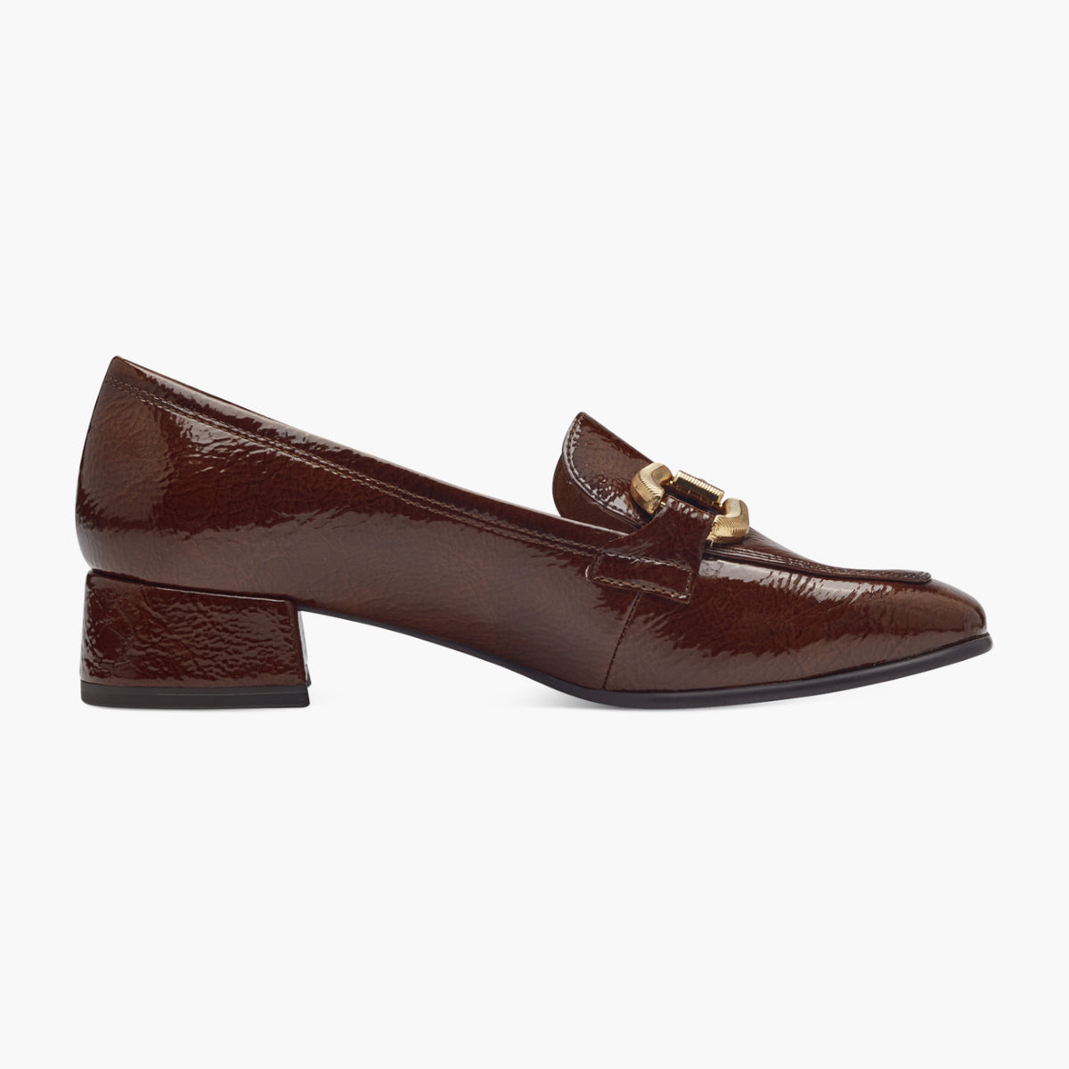 Tamaris Brown Patent Loafer with Gold Chain Detail - Leavys Shoes