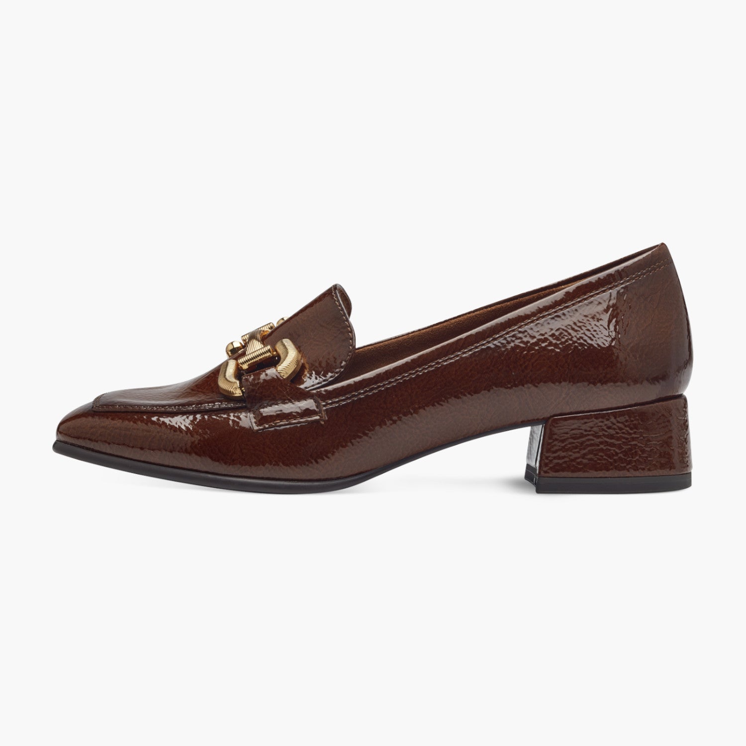 Tamaris Brown Patent Loafer with Gold Chain Detail - Leavys Shoes