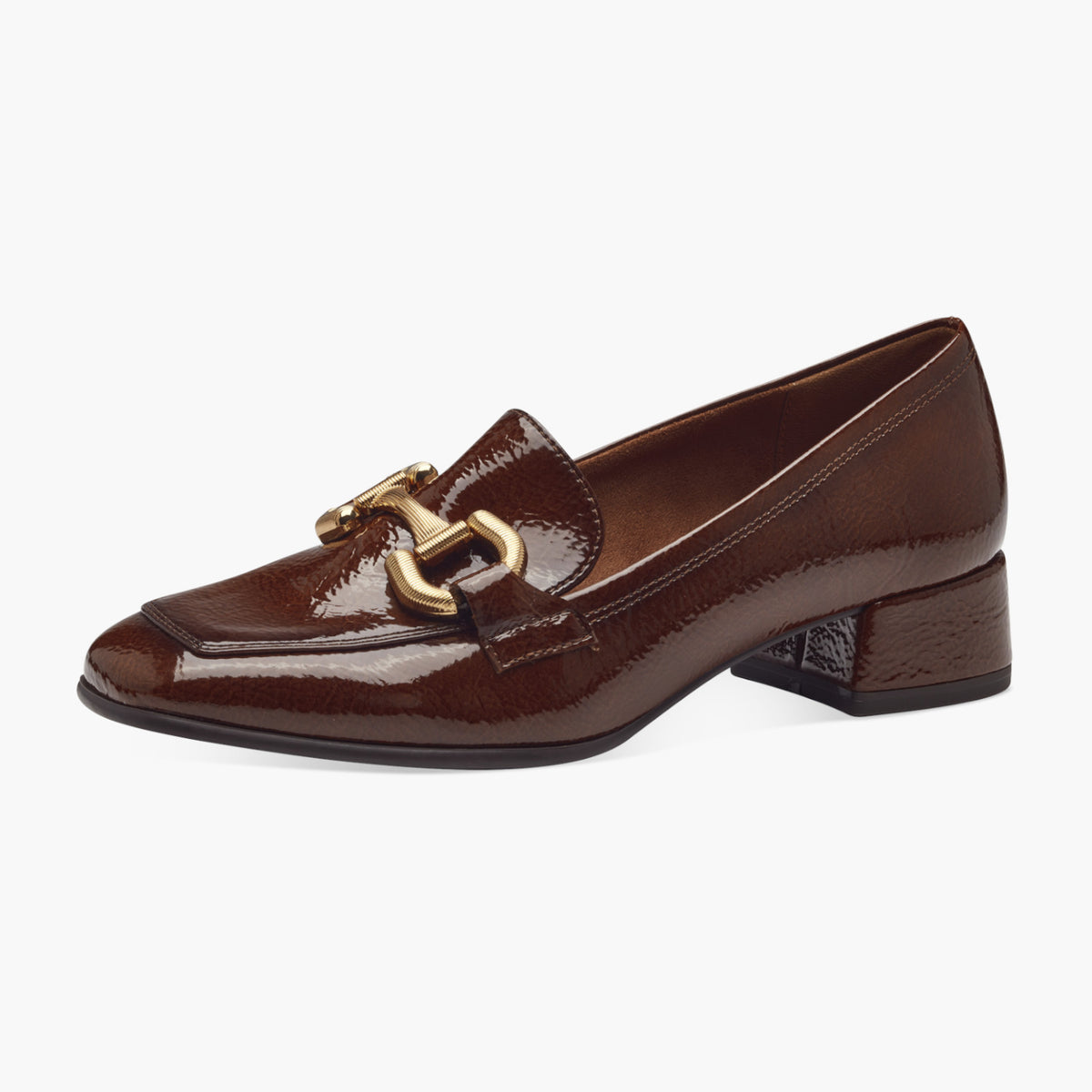 Tamaris Brown Patent Loafer with Gold Chain Detail - Leavys Shoes