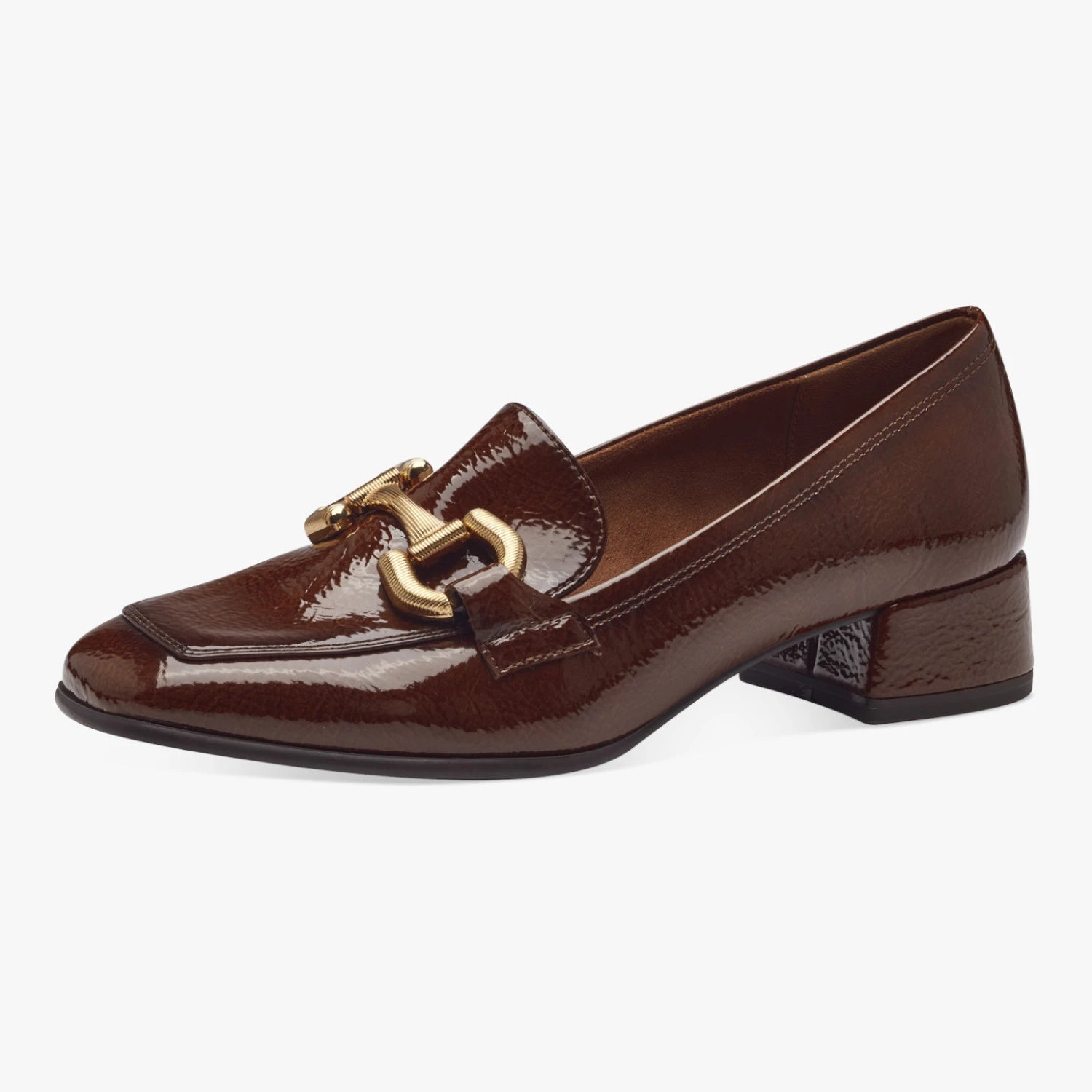 Tamaris Cognac Patent-Effect Block Heel Loafer