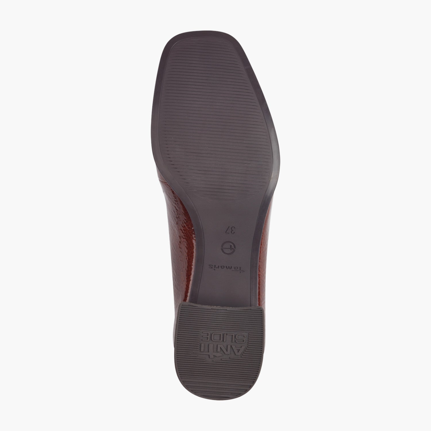 Tamaris Brown Patent Loafer with Gold Chain Detail - Leavys Shoes