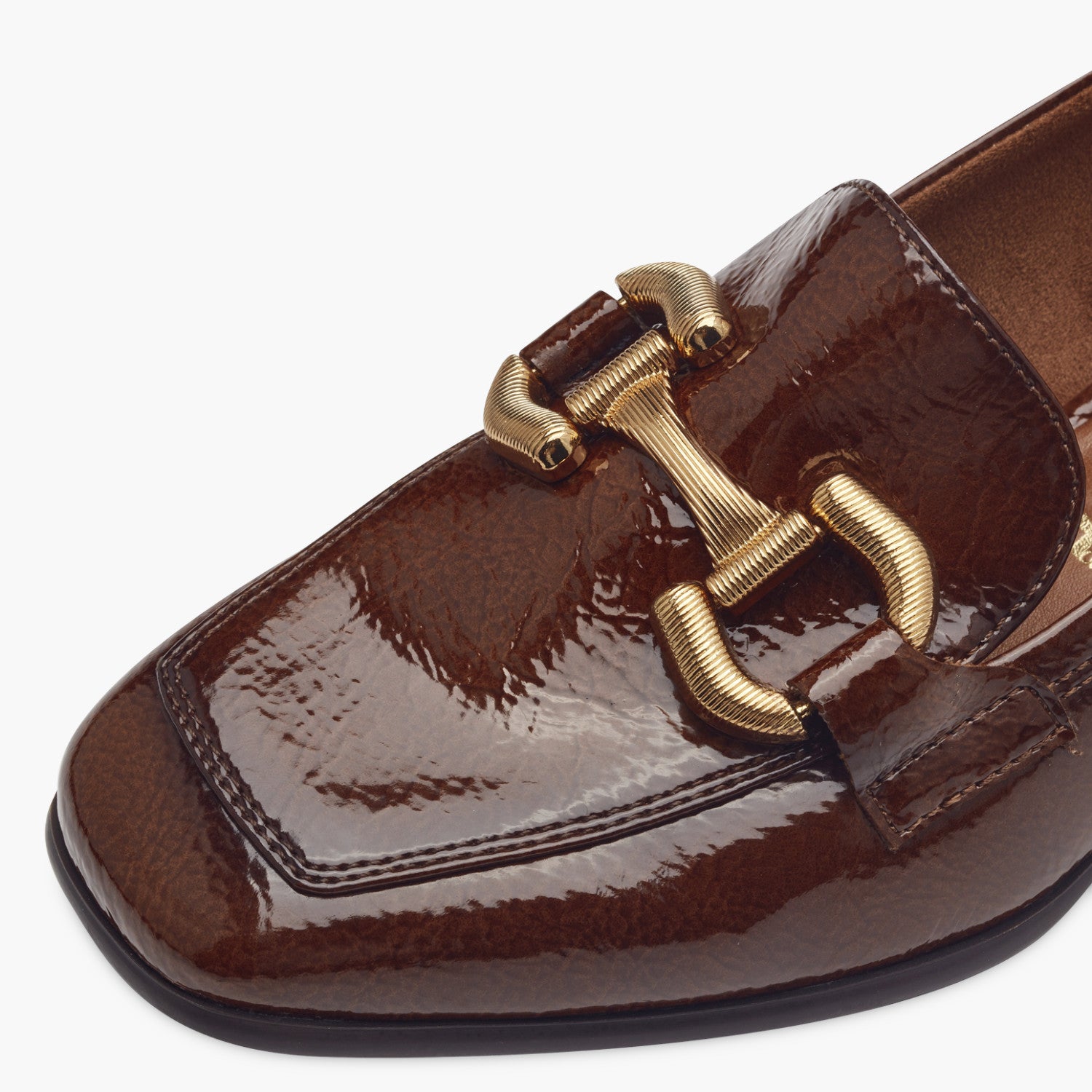 Tamaris Brown Patent Loafer with Gold Chain Detail - Leavys Shoes