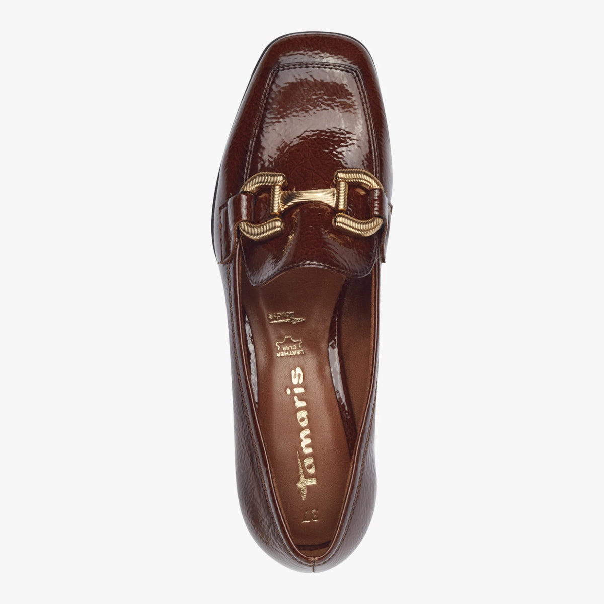 Tamaris Cognac Patent-Effect Block Heel Loafer