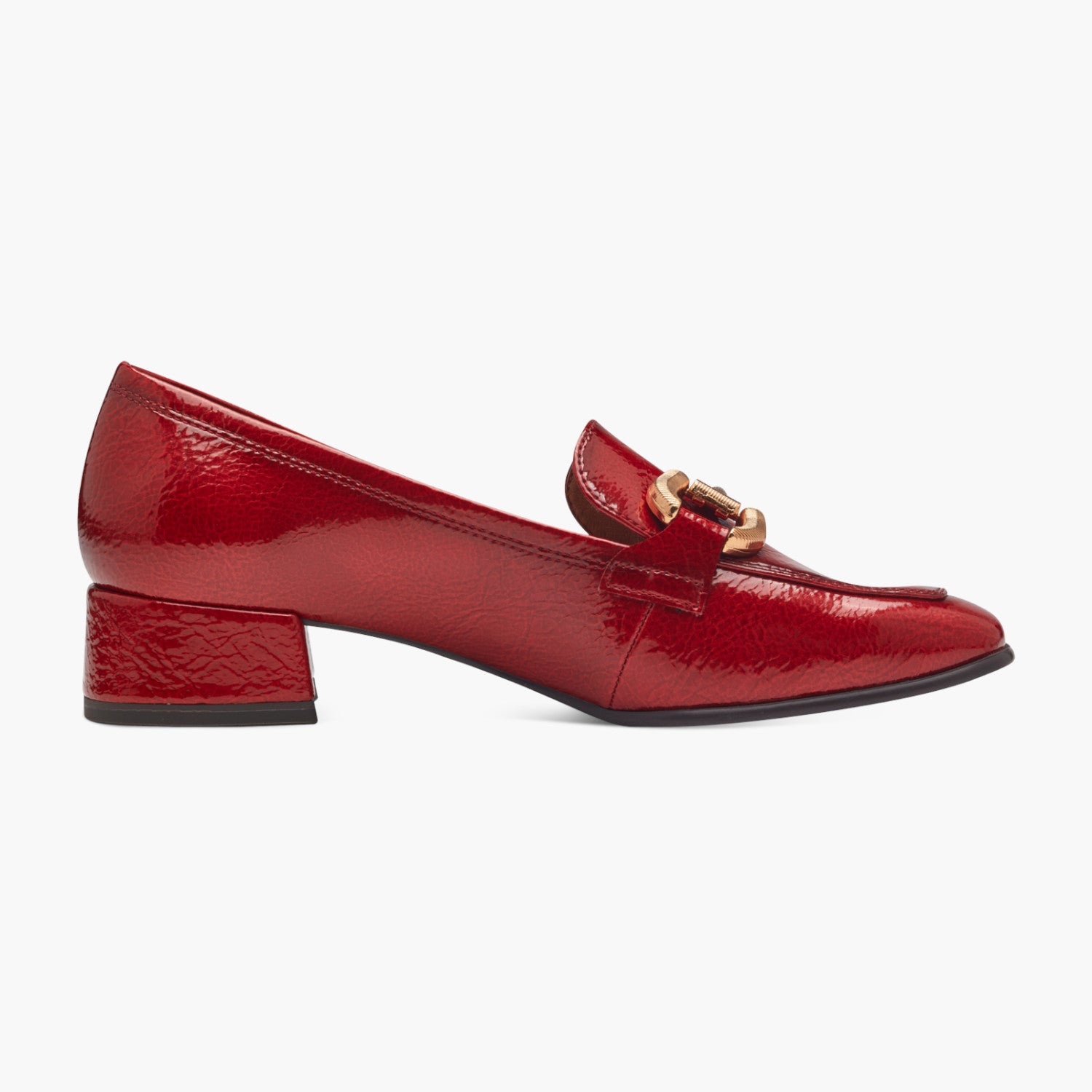 Tamaris Red Patent Loafer with Gold Horsebit Detail - Leavys Shoes