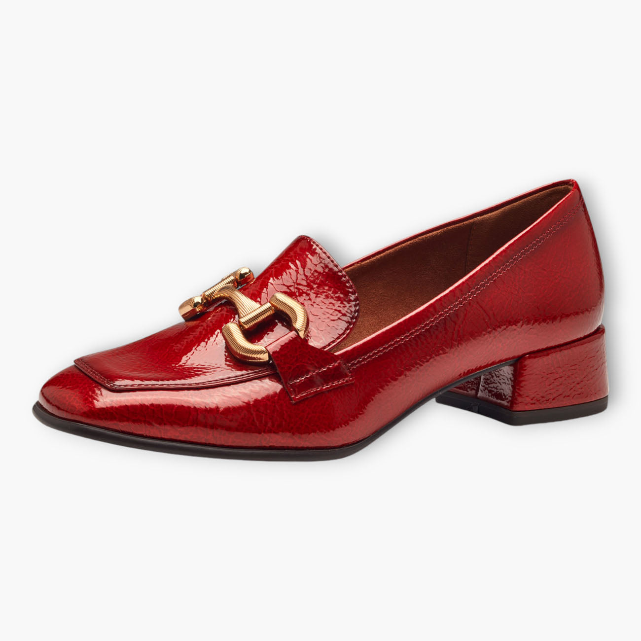 Tamaris Red Patent Loafers with Block Heel and Gold Chain Detail