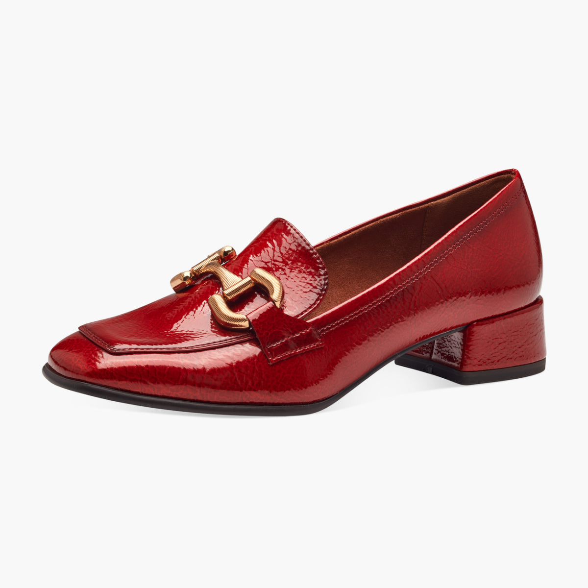 Tamaris Red Patent Loafer with Gold Horsebit Detail - Leavys Shoes