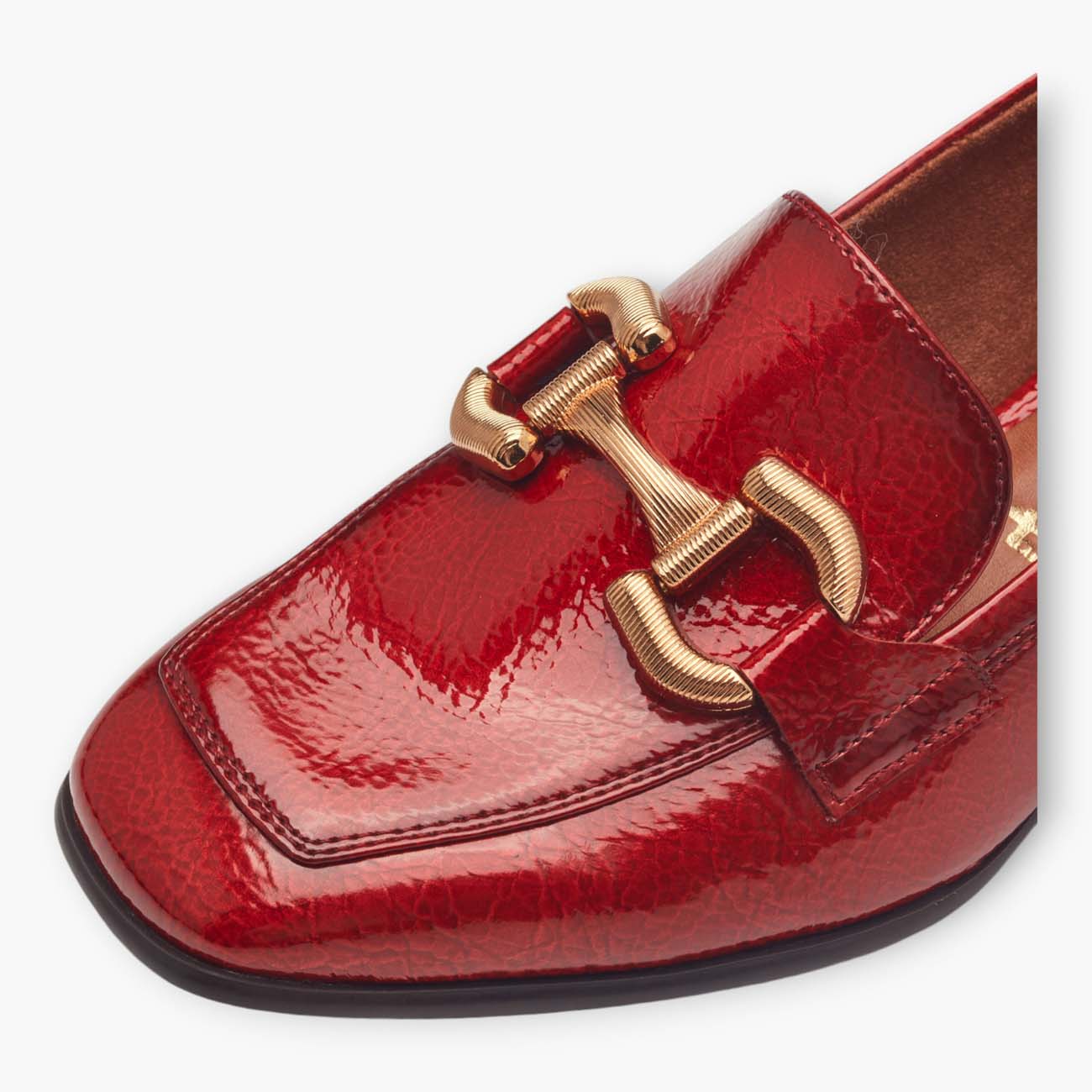 Tamaris Red Patent Loafers with Block Heel and Gold Chain Detail