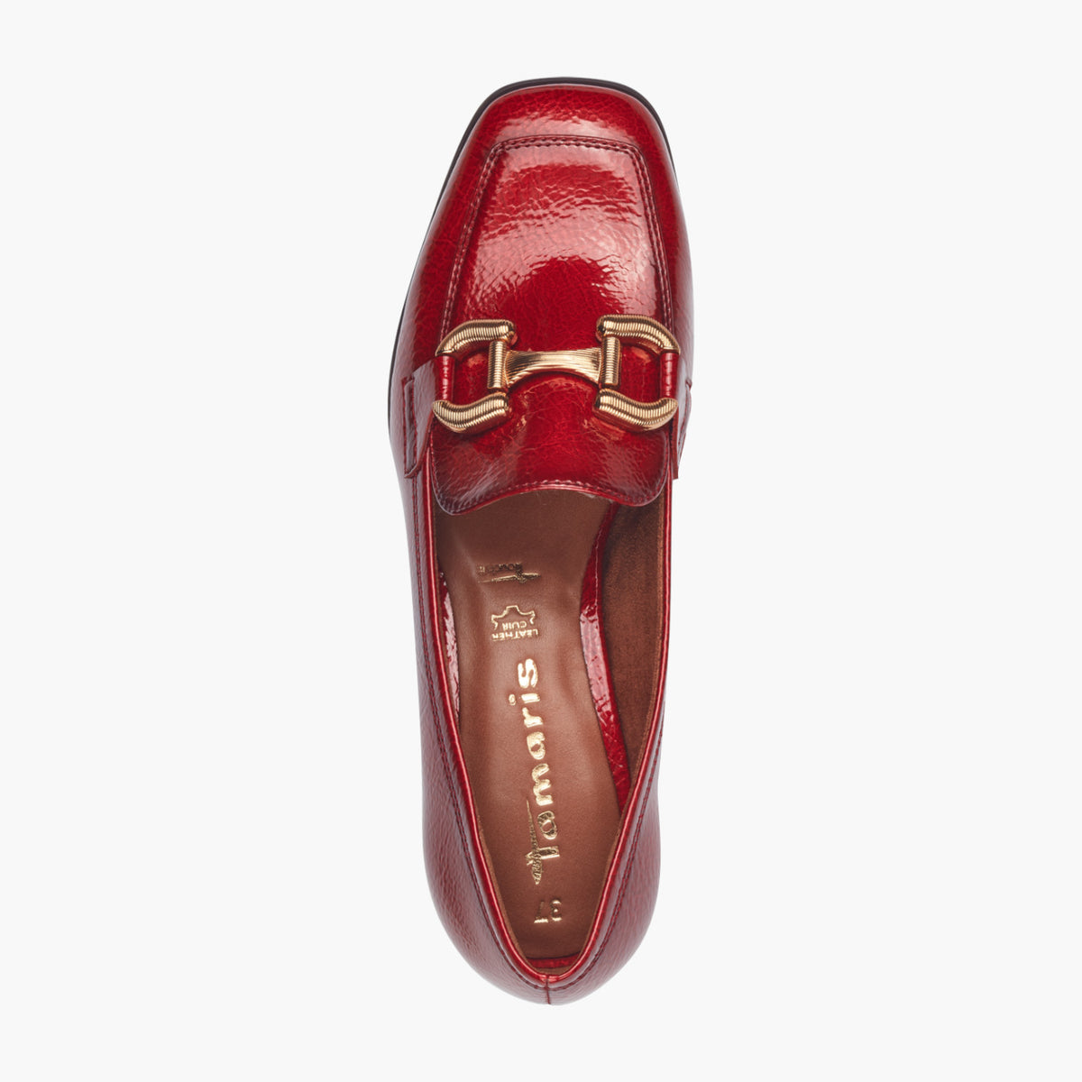 Tamaris Red Patent Loafer with Gold Horsebit Detail - Leavys Shoes