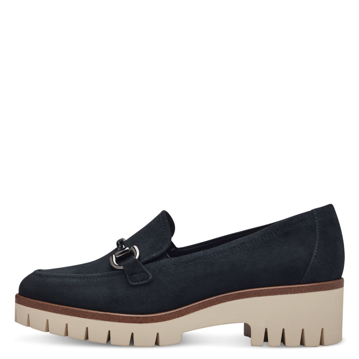 Front view of Tamaris navy suede loafer with gold chain link detail.