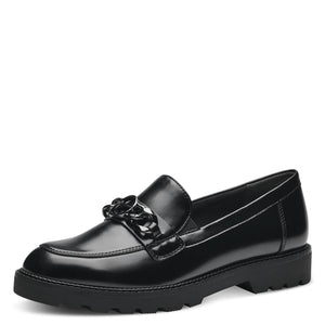 Angled view of Tamaris Black Loafer highlighting the chain link detail