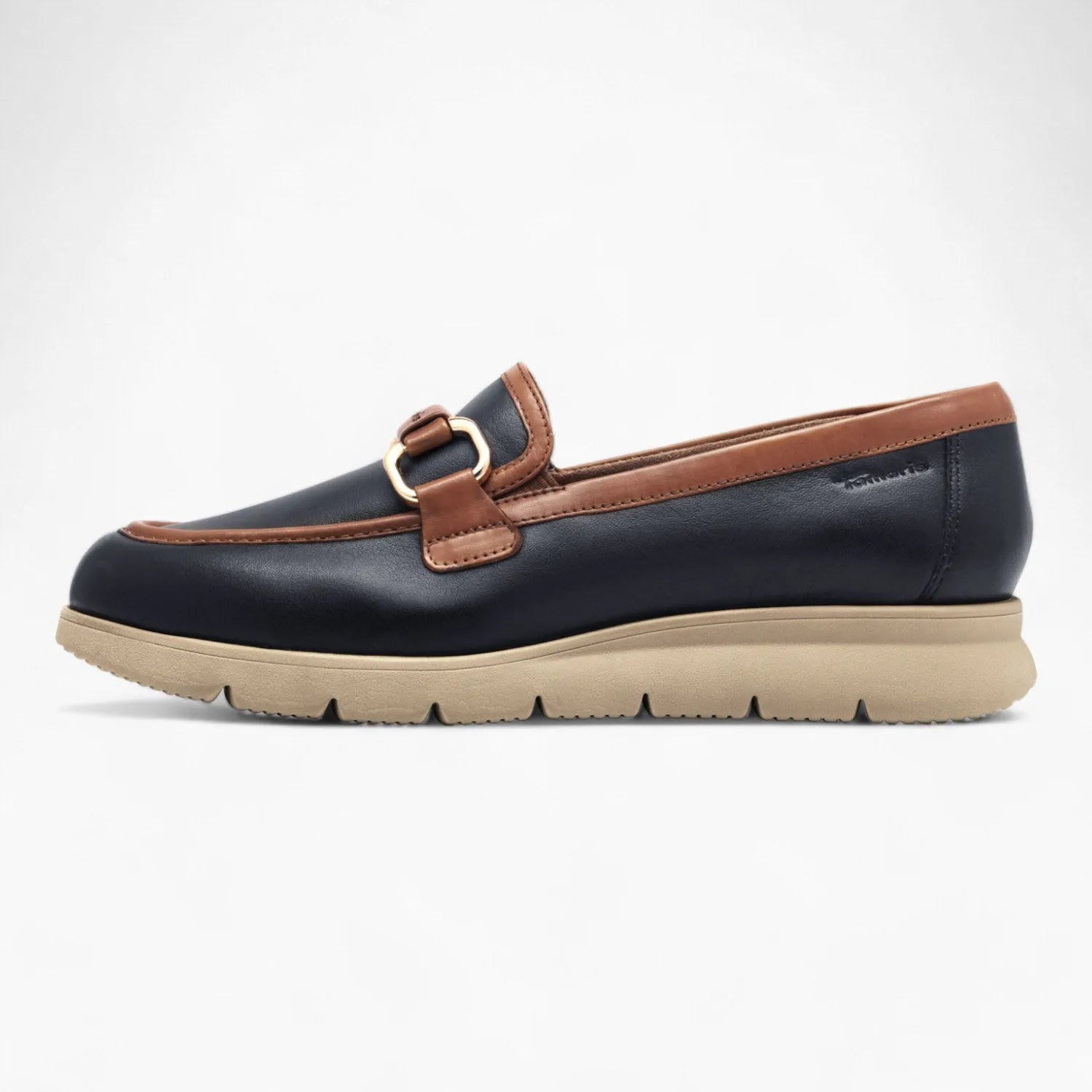 Tamaris Navy Loafer – Sporty Beige Sole with Rich Brown Accents - Leavys Shoes