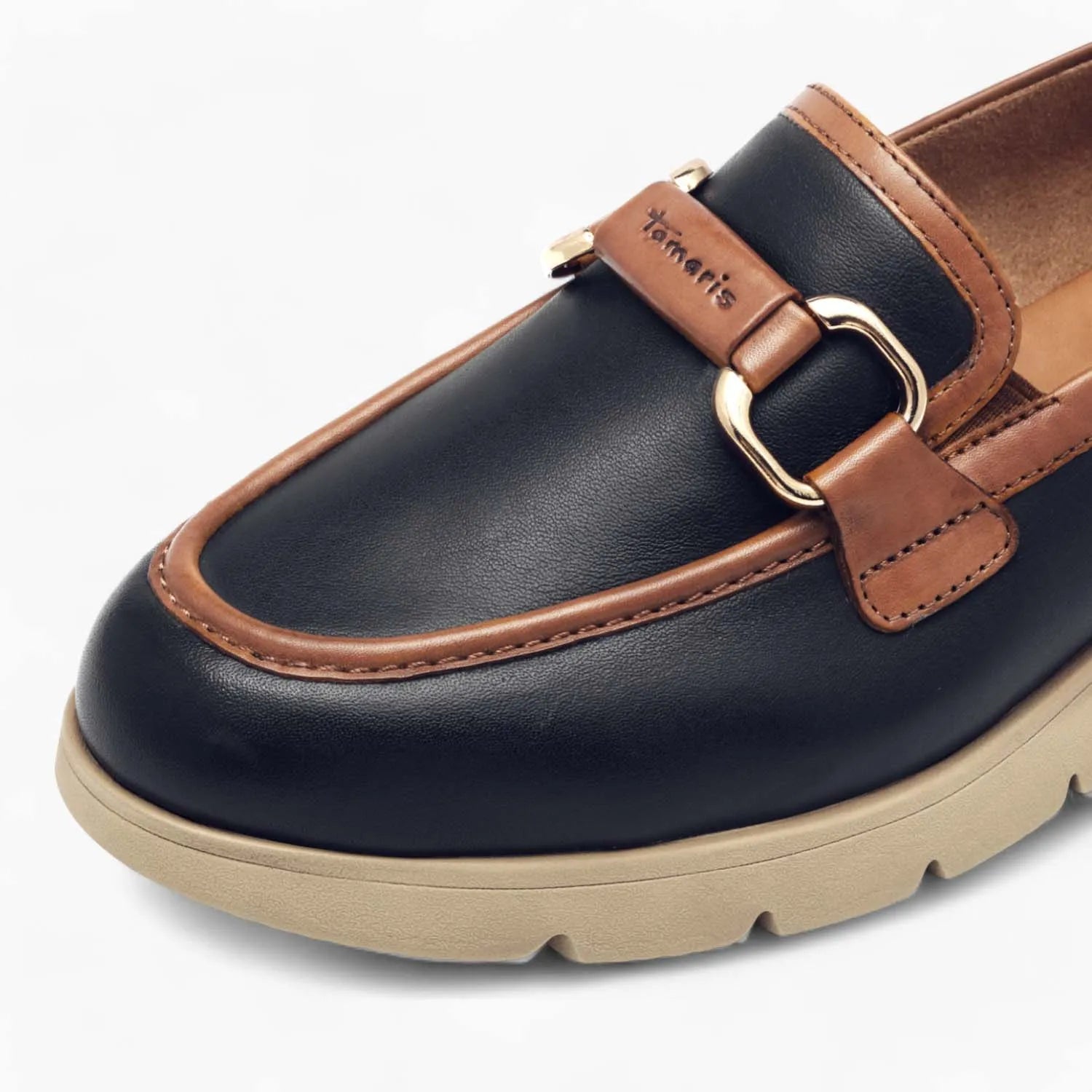 Tamaris Navy Loafer – Sporty Beige Sole with Rich Brown Accents - Leavys Shoes