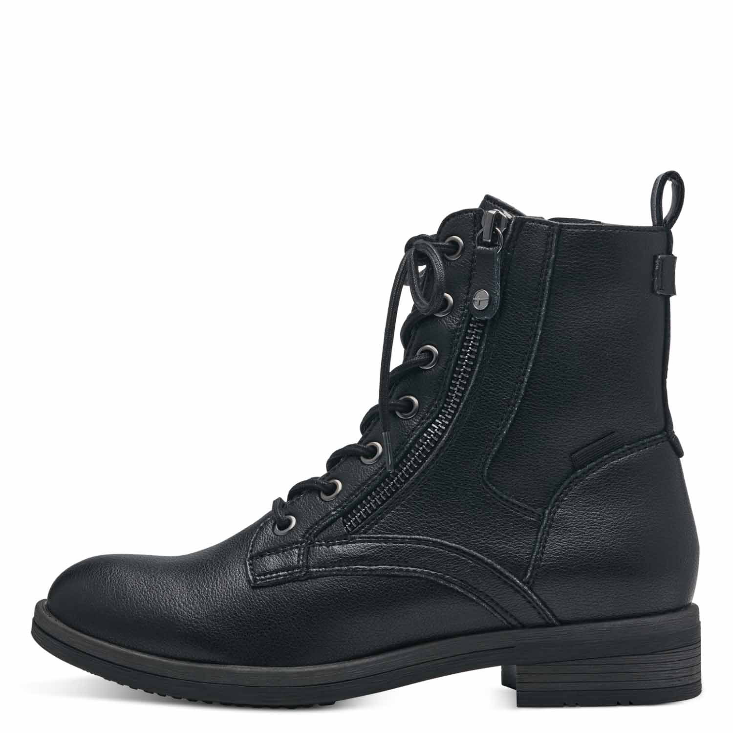 Front view of the black boot with laces and zipper.