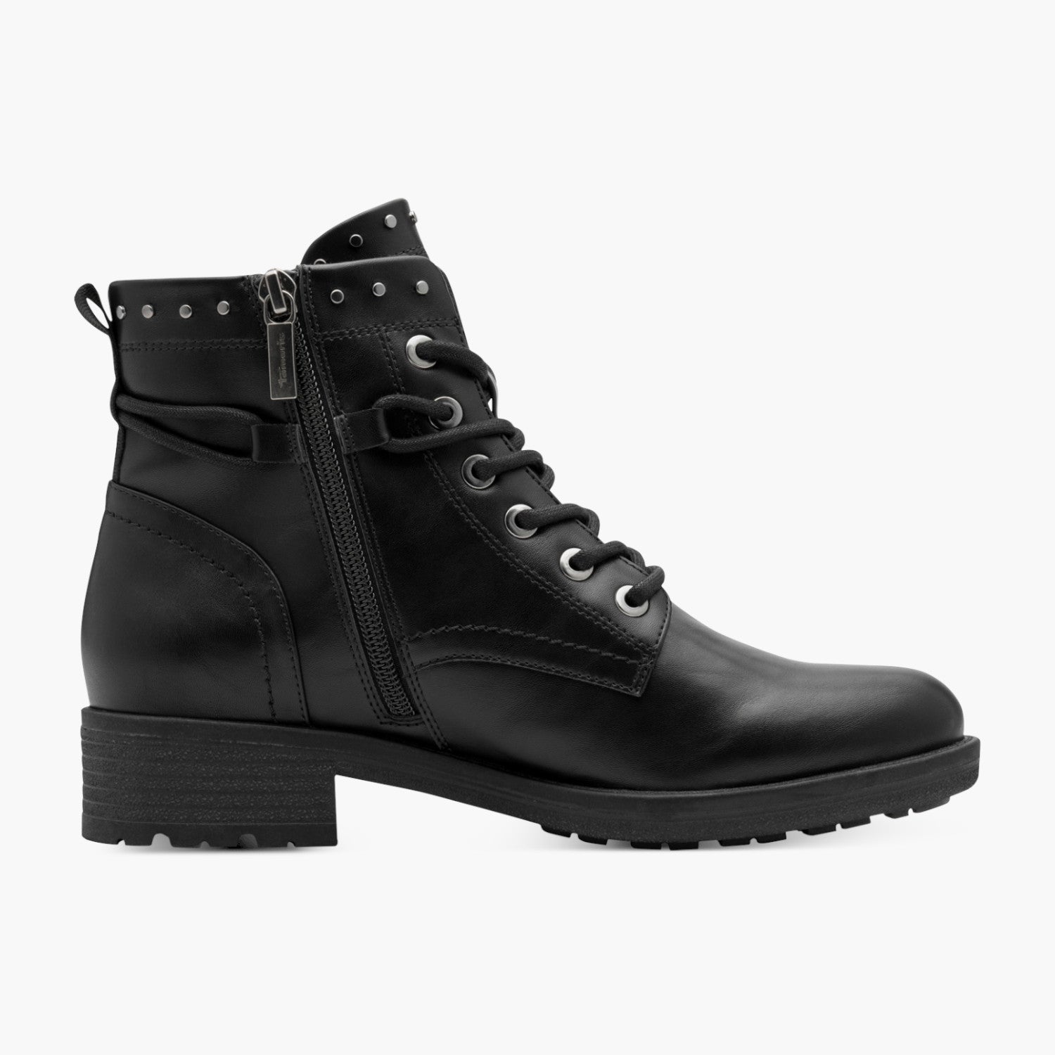 Tamaris Black Lace-Up Ankle Boots with Stud Collar - Leavys Shoes
