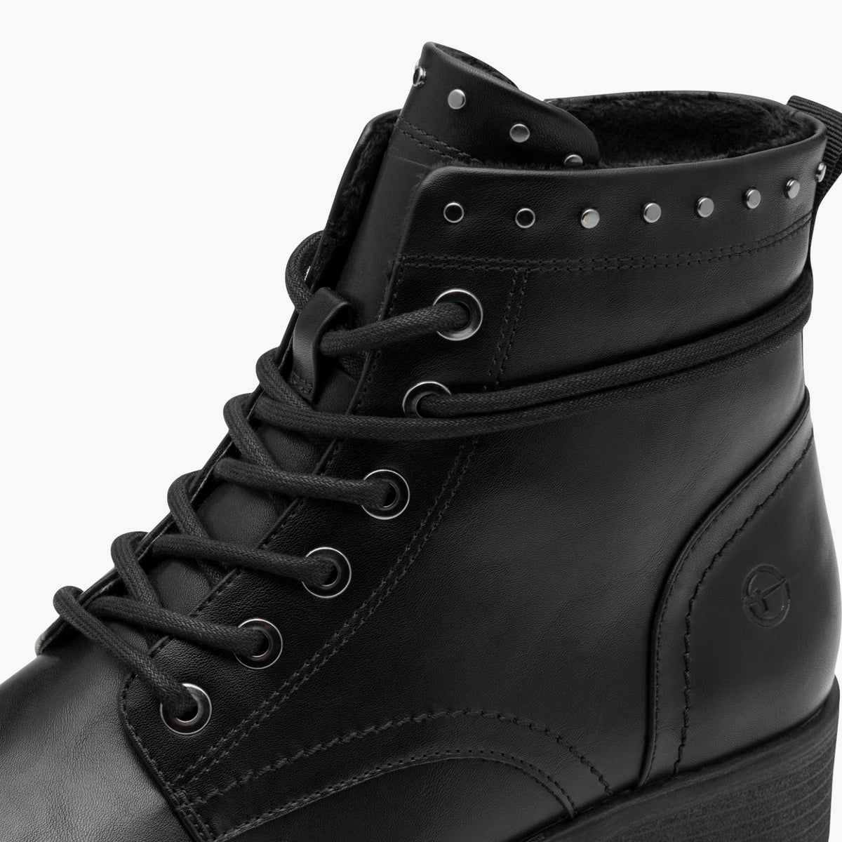 Tamaris Black Lace-Up Ankle Boots with Stud Collar - Leavys Shoes