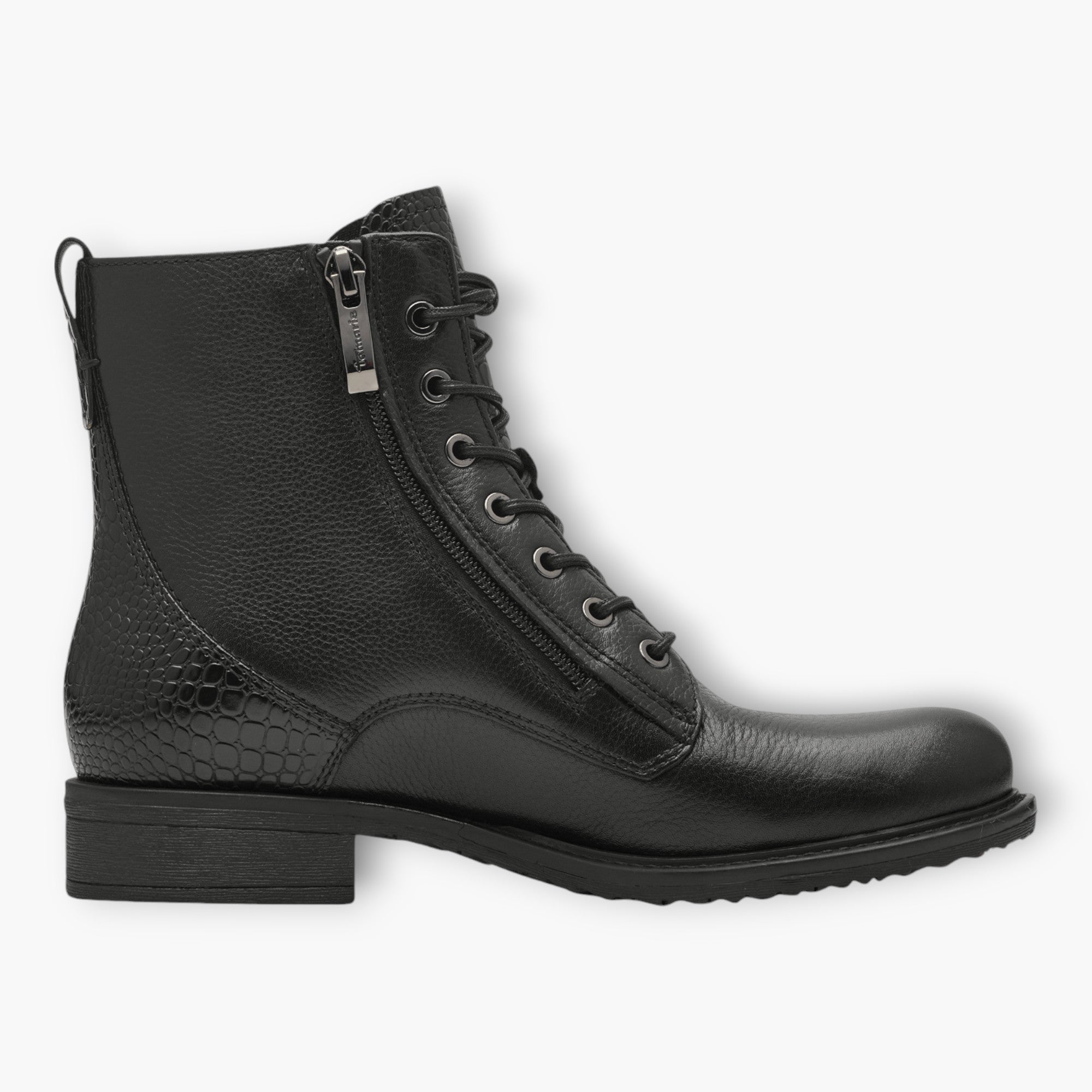 Tamaris Black Boots with Laces, Side Zip & Pull Tab - Sleek & Comfortable